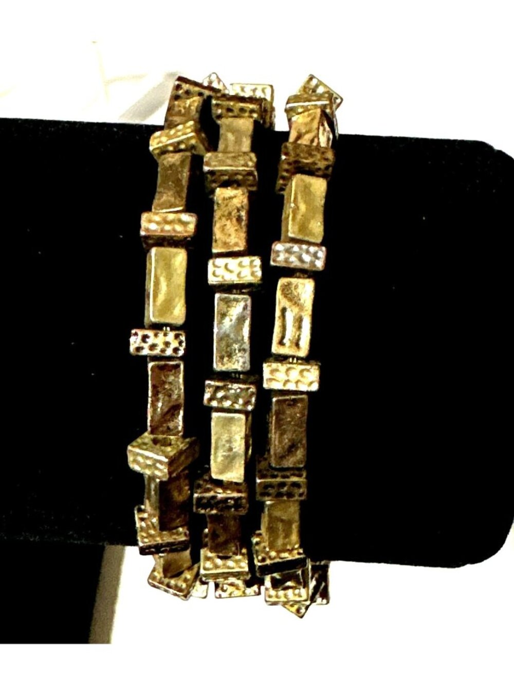 Chicos Stretch Bracelet Rectangle Tile Bead Brutalist Gold Tone Multi Strand
